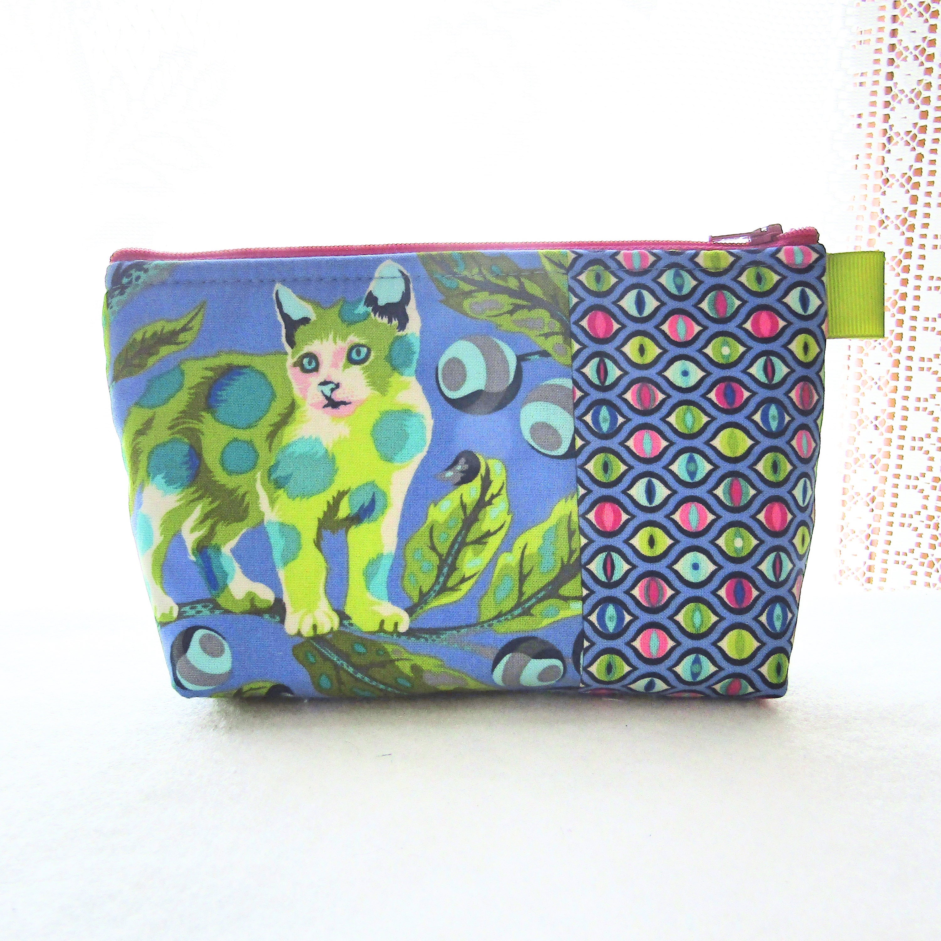Disco Kitty Tula Pink Fabric Large Cosmetic Bag Zipper Pouch