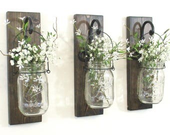 Set of 2 or 3 Rustic Hanging Mason Jar Sconces Farmhouse Wall Decor Hanging Mason Jars Rustic Home Decor Curly Black hooks