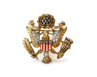 TRIFARI Sterling WWII Sweetheart Eagle Brooch | Enamel Rhinestone American Bird Pin | Signed Vintage 1940s Jewelry