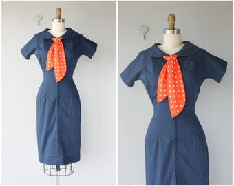 Vintage 1950s Dress | 50s Navy Blue Day Dress | 1950s Cotton Day Dress | 50s Wiggle Dress | 40s Dress | 1940s Dress - (x-small)