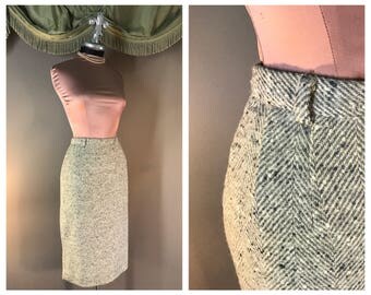 Vintage 50s skirt 1950s GRAY TONES HERRINGBONE tweed wiggle wool pencil skirt