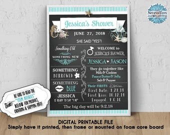 DIGITAL Bridal Shower Poster, 8"x10", 11"x14", 16"x20", 18"x24", Aqua Turquoise Colors, Sea Shells, Star Fish, Ocean Theme, Chalkboard Look