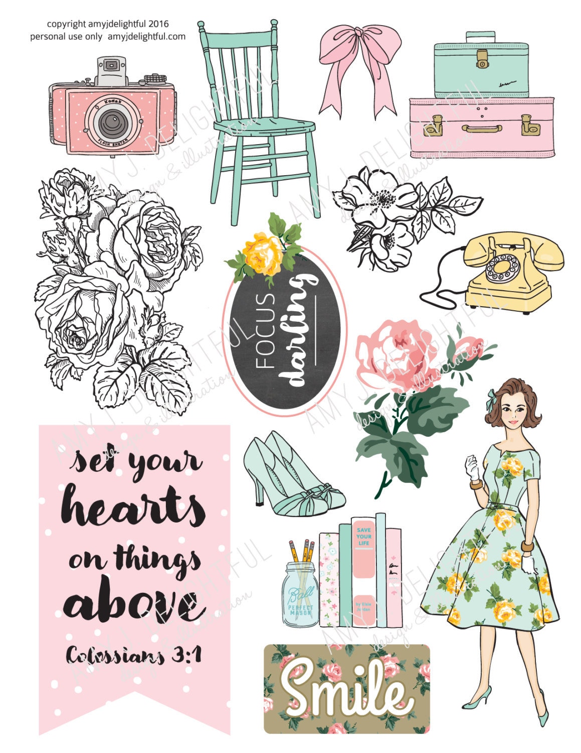 Printable ROSES PLANNER die cuts yellow mint coral pink