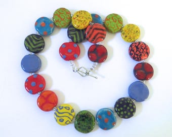 Kazuri Bead Necklace, Rainbow Colored Necklace, Fair Trade Beads, Ceramic Jewelry