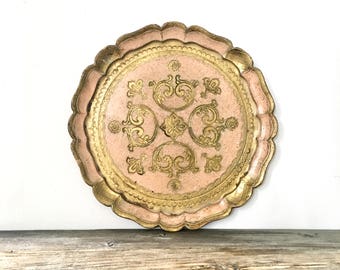 Italian Florentine Tray / Vintage Gilded Italian Florentine Tray / Pink and Gold gilt ornate tray