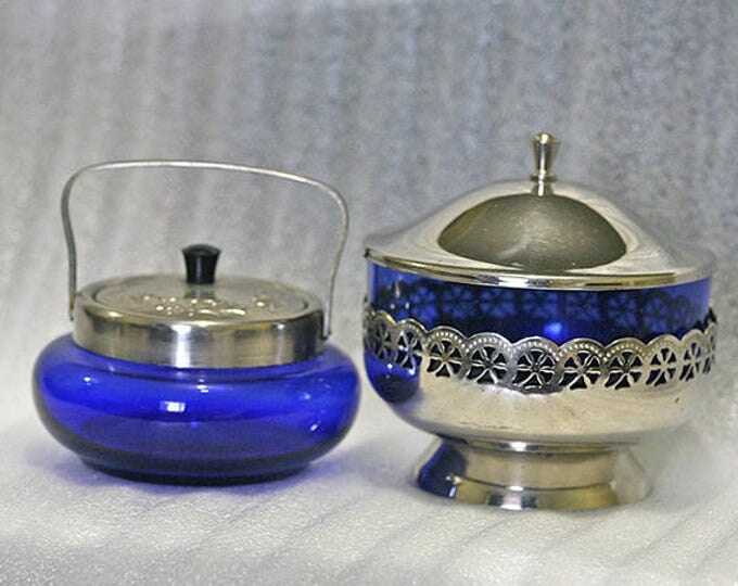 Vintage Sugar Bowl and Candy Bowl Set in Cobalt Blue Glass with Silver Tone Metal Lid and Handle from Russia / Soviet Union / USSR