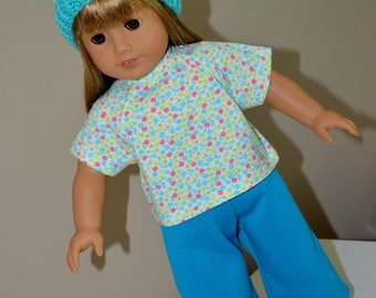 18 Inch Doll Clothes Three Piece Outfit Sweat Pants, Tshirt and Handknit Hat by SEWSWEETDAISY