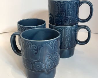 Vintage Coffee Mugs set of 4 Stacking Mugs, Navy Blue Coffee Cups, Boho Hippy Mushroom Butterfly Bird Flowers 1970s Japan
