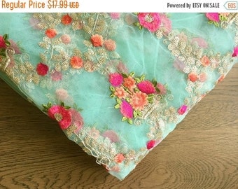 CIJ SALE aqua embroidered mesh - floral embroidery - fabric by the yard, light blue net fabric, aqua embroidered fabric - HALF Yard - emb009