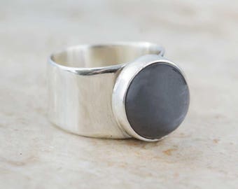 Black Moonstone Ring in Sterling Silver, Handcrafted, Size 9