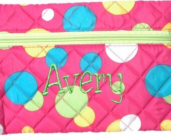 Personalized Quilted Cosmetic Case or Pencil Pouch Dots Plnk