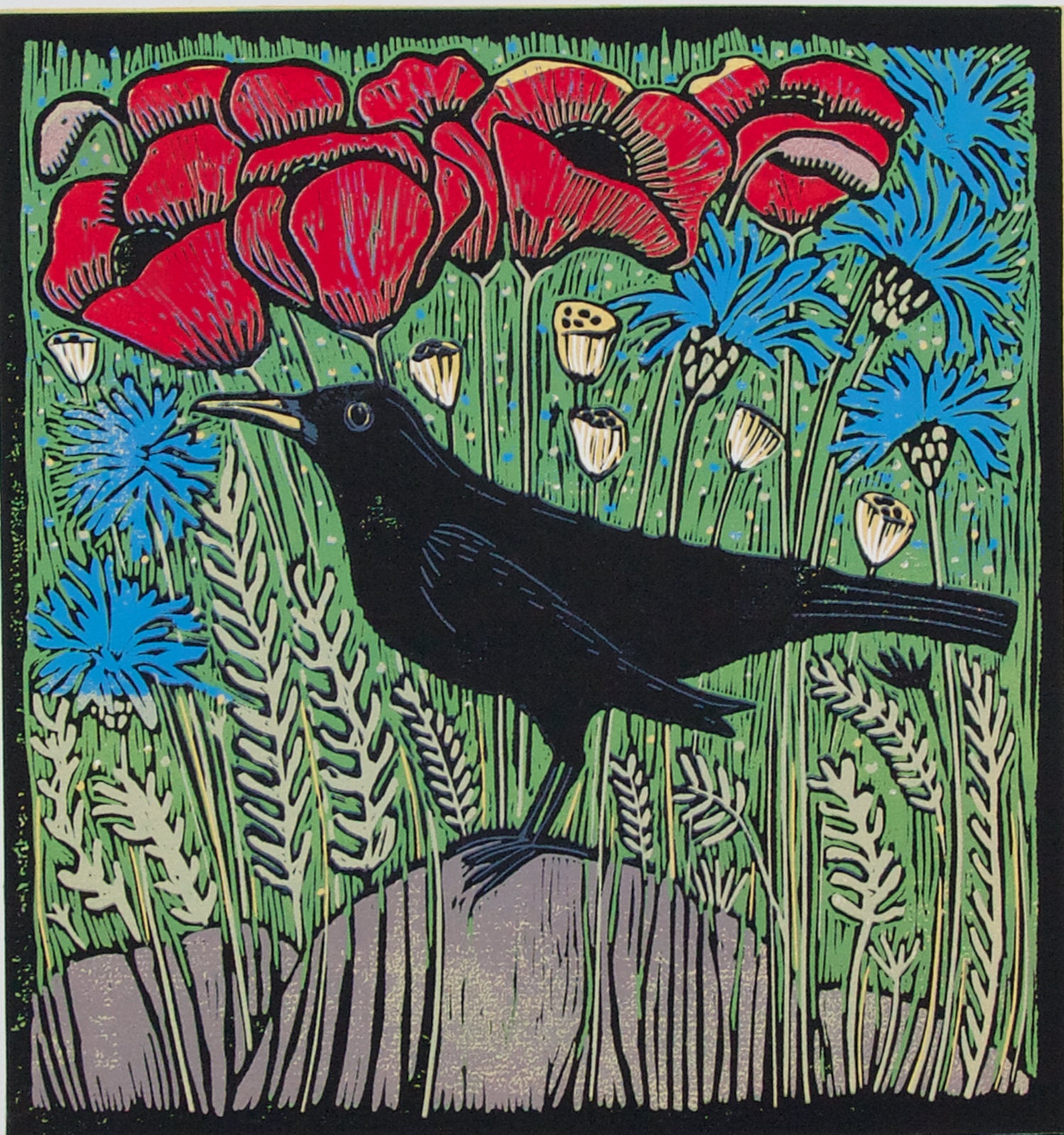 Linocut Summer Fields Blackbird Blue Cornflowers Poppies