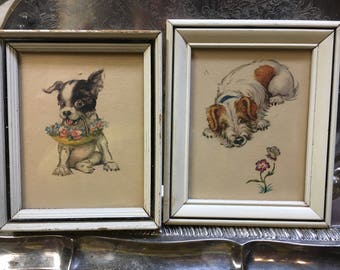 Vintage Puppy Dog Print Pair A. Lambert Framed