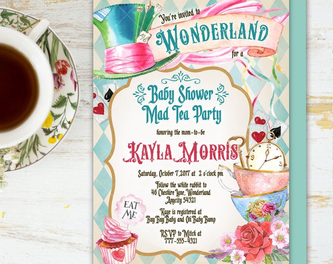 Alice in Wonderland Tea Party Bridal Shower Invitation, Mad Hatter Tea Party Bridal Shower Printable Invitation 6v.1