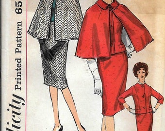 Vintage 1960s Simplicity 4132 Dress Suit And Cape Slim Skirt Sewing Pattern Size 16 Bust 36
