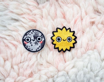 Iron On Patches - Mini Moon & Happy Sun Pair Embroidered Patches - Iron-On - Sew On Patches