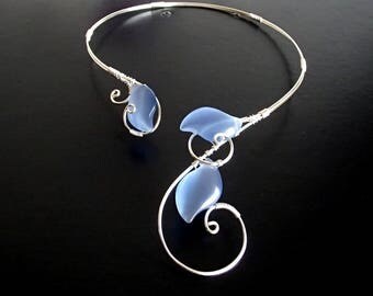 Blue Cats Eye Necklace, Collar Necklace, Statement Necklace, Wire Necklace, Silver Necklace, Unique Necklace