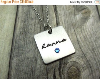 SALE Square Name necklace with birthstone crystal, personalized mothers necklace