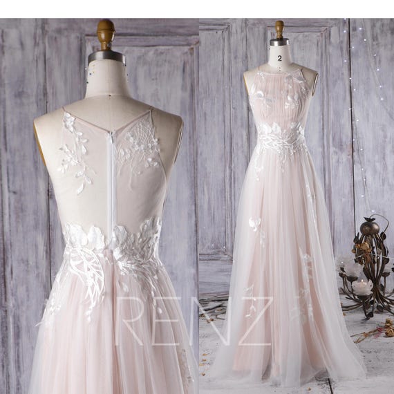 2017 Off White Lace Bridesmaid Dress Long Peachy Beige Scoop