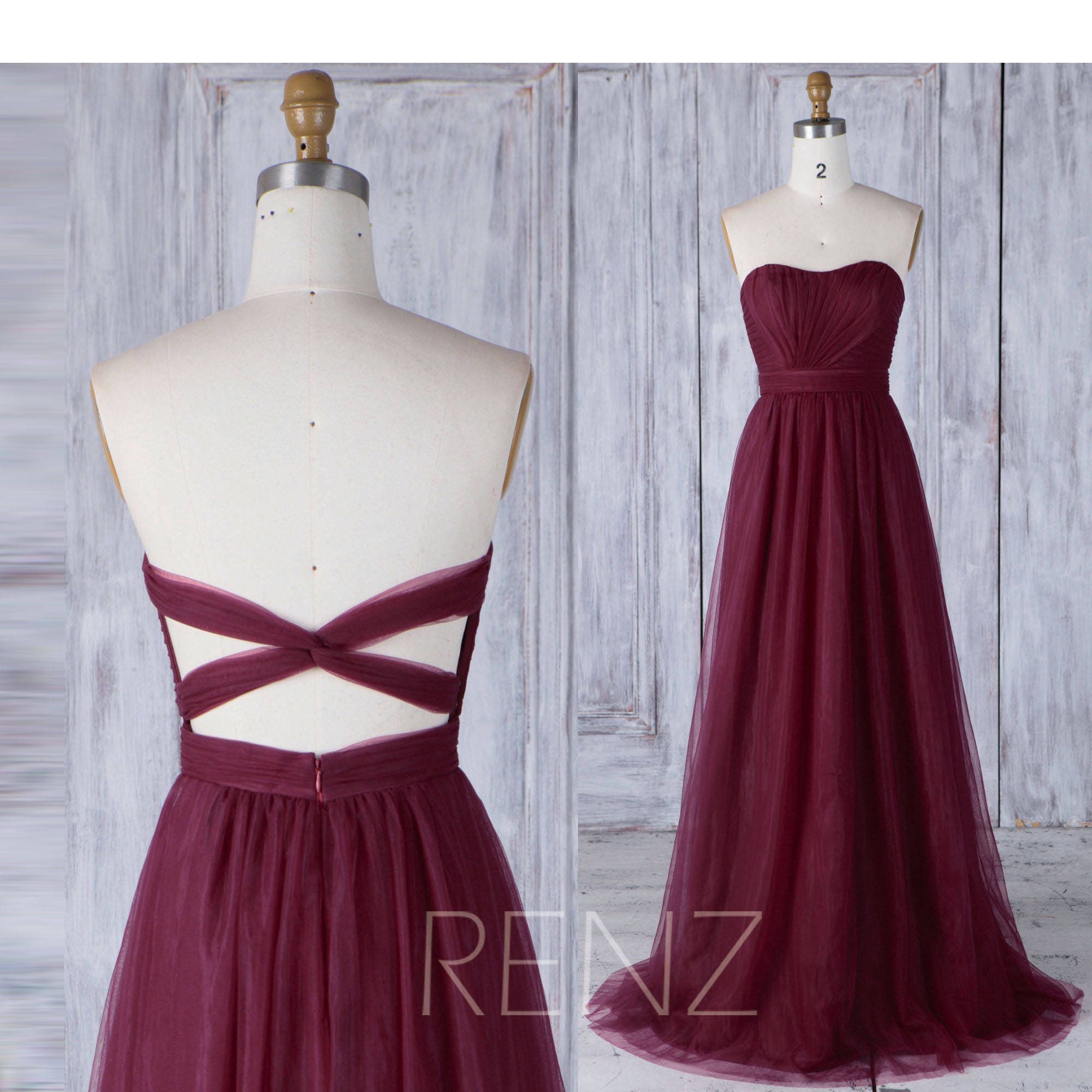2017 Wine Tulle Bridesmaid Dress Strapless Ruched Sweetheart