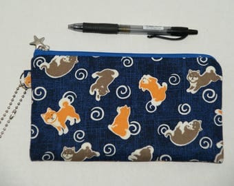Padded Zipper Pouch / Pencil Case / Cosmetic Bag Made with Japanese Cotton Fabric "Shiba Inu - Swirls"