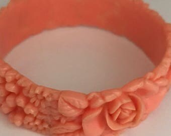 Celluloid Bangle Bracelet Faux Coral Rose Flowers Vintage Japan Deco