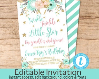 Twinkle Twinkle Little Star Birthday Invitation, Peach Mint Gold Floral Invitation, Editable Birthday Invitation, Templett, Instant Download