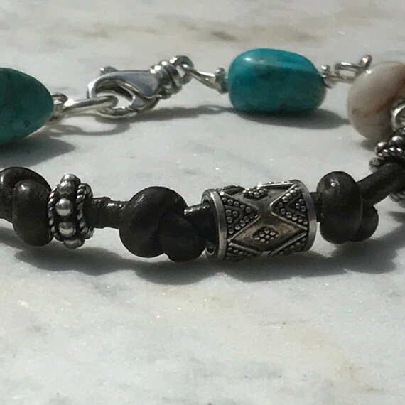 Leather n Turquoise Boho Bracelet - Wire Wrapped Gemstones - Sterling Silver Bali Beads - Jasper - Sundance Artisan Style
