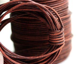 1mm Round Natural Leather cord - Vintage Brown Cognac - 10 feet, LC060