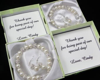 Bridesmaid Gift, Pearl Bracelet, Strand Pearl Necklace, pearl Earrings, personalized note-card jewelry box, Bridesmaid Gifts, jewelry sets
