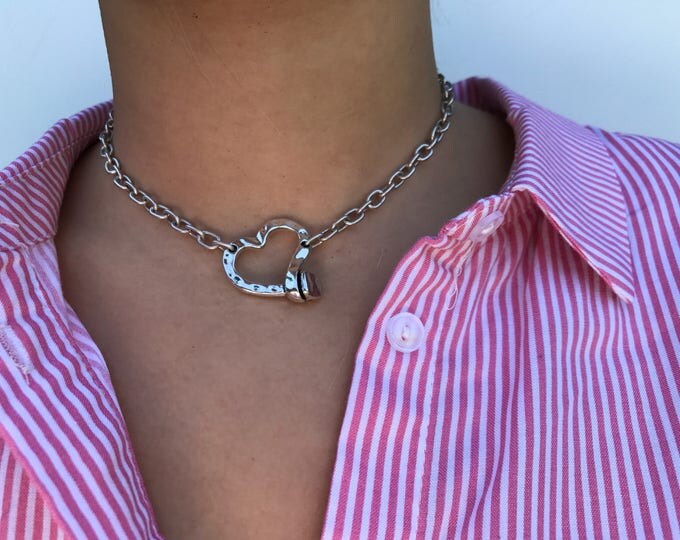 Chain necklace, silver choker, silver necklace, choker necklace, necklace choker, uno de 50, silver plated necklace, heart choker