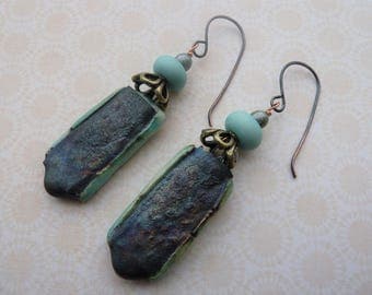 handmade green lampwork and ceramic copper earrings UK jewellery