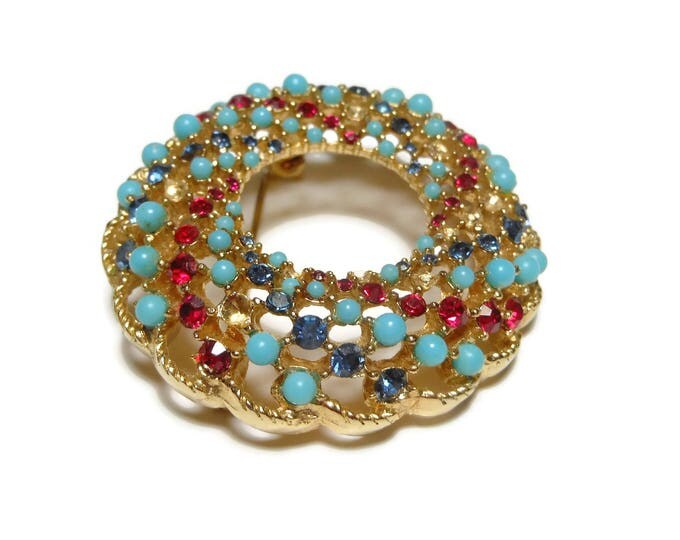 FREE SHIPPING Sarah Coventry circle pin, 'Song of India' 1965, red and blue rhinestones, turquoise colored beads, wreath brooch, gold plated