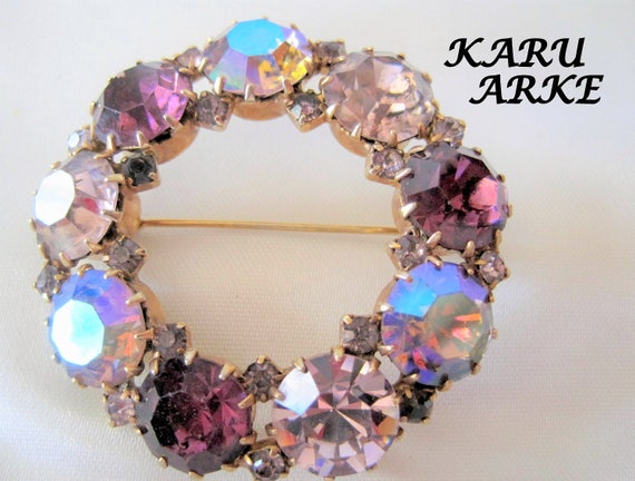 Amethyst Wreath Brooch - AB Rhinestones - Signed Karu Arke - Austrian Crystals - Circle Pin