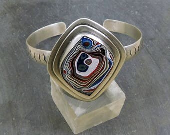 Fordite Modernist Cuff, Oxidized Sterling Silver, Detroit Fordite Bracelet