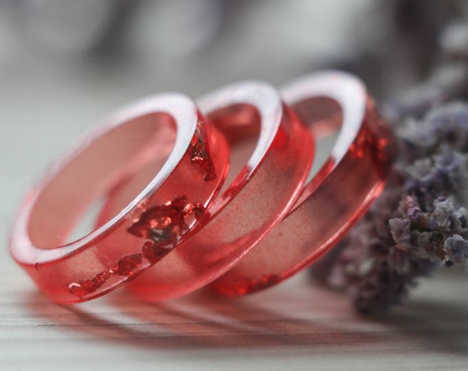 Red Resin Ring with Flakes, Transparent Resin Ring, Resin Jewelry, Epoxy Ring, Minimal Everyday Ring, Gift For Her, Under 20 Gift, Spring