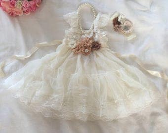 Lace Flower Girl Dress & Flowers SASH, Brown/Ivory champagne flowers Christening Wedding, Country Ruffle Dress Rustic Chiffon Flower Girl
