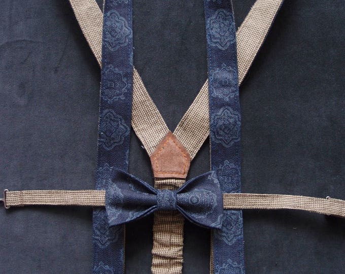 Navy Bow tie and Suspenders, Blue Bow Tie and Suspenders, Bow Tie and Suspenders Set, Denim Bow tie and Suspender, Wedding Bow tie set