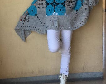 Crocheted Poncho Faux Suede Trimmed