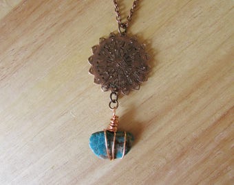Antiqued Copper Sunburst with Raw Turquoise Pendant Necklace