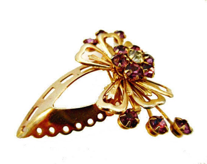 Purple Rhinestone Brooch - Flower - Gold Bow - mid century pin