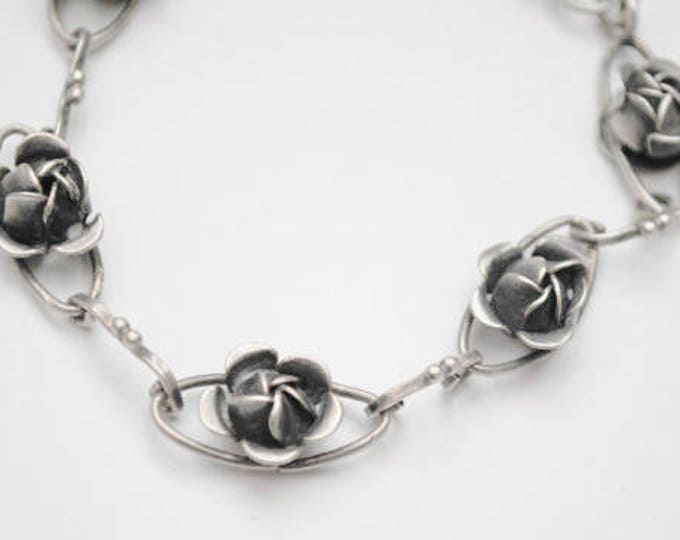 Sterling Flower Repousse Link Bracelet - Signed Augello Bros - Vintage Art Nouveau silver rose bud