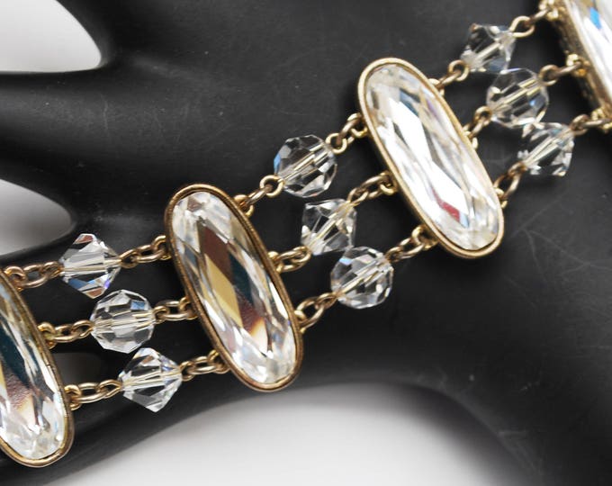 Wide Crystal Bracelet - facet cut oval crystals -gold tone setting - glass beads Vintage - wedding bride