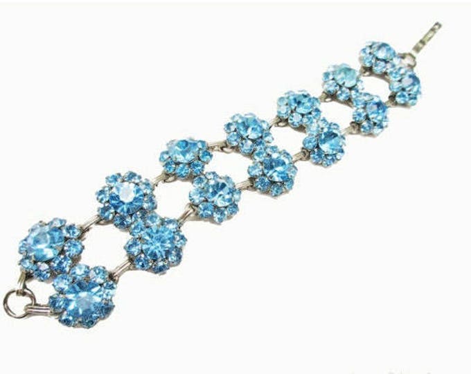 Blue rhinestone bracelet - double strand Link - Rhinestone flower - mid century - light baby blue bangle