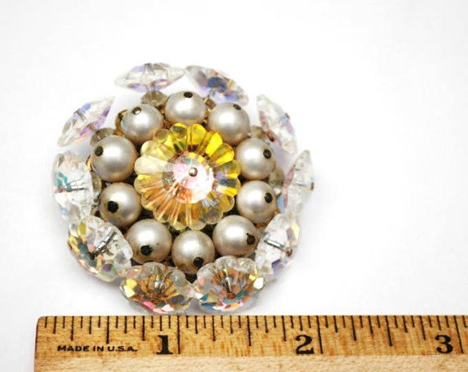 Vendome Brooch - Rivoli Crystal Rhinestone - faux pearl Bead - signed Atomic pin