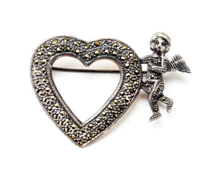 Sterling Heart Brooch - Sterling Silver - Marcasite - Cupid pin