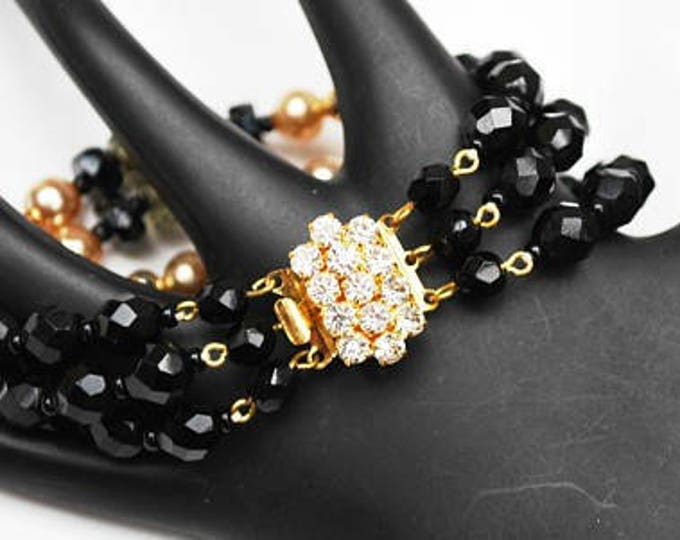 Rhinestone Bead Bracelet - Triple strand - Black Glass -Rhinestone Clasp - Glass bead - pearl gold