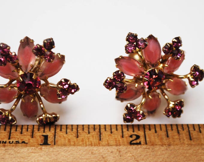 Pink rhinestone flower earrings - Signed Continental - Pink Givre Glass - gold metal - screw back earrings