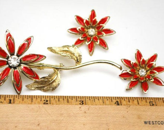 Enamel Flower Brooch earring set - orange red gold metal - Clear Rhinestone - Mid Century