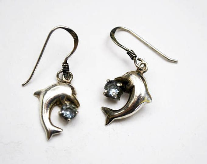 Sterling Dolphin blue topaz EArrings- Birthstone - light Blue gemstone - sea life - figurine earrings